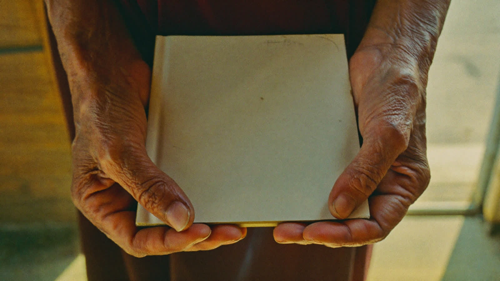 An elderly woman's hands holding a small blank cloth-bound book in warm doorway light.